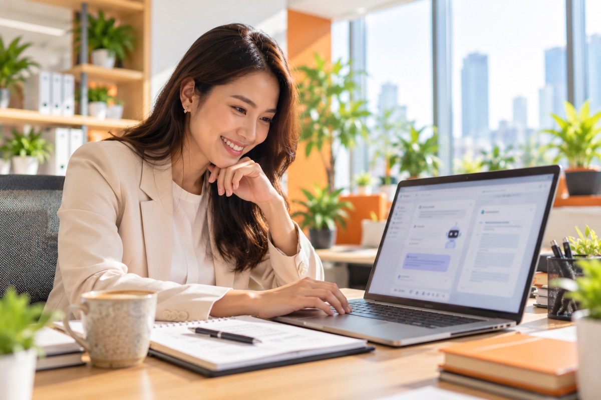 HR executive drafting a document with an AI assistant on a laptop