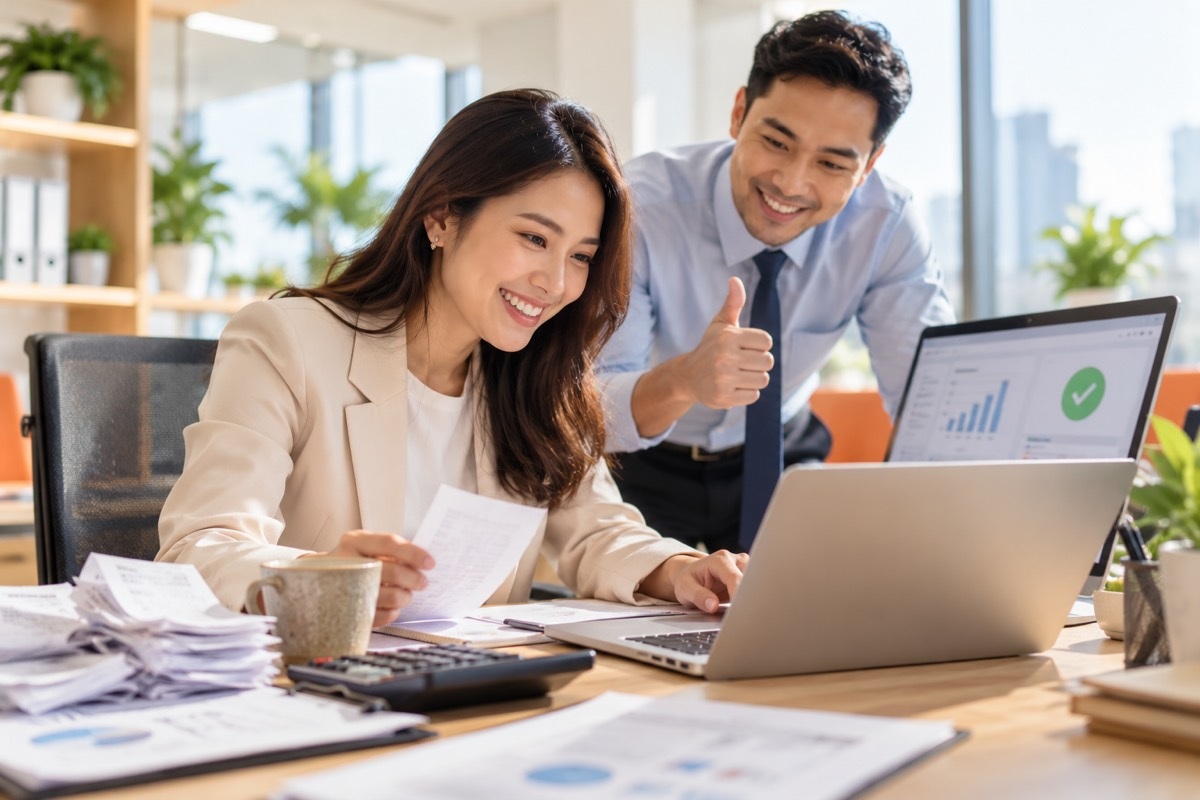 Accounts executive checking a validated e-invoice on a laptop