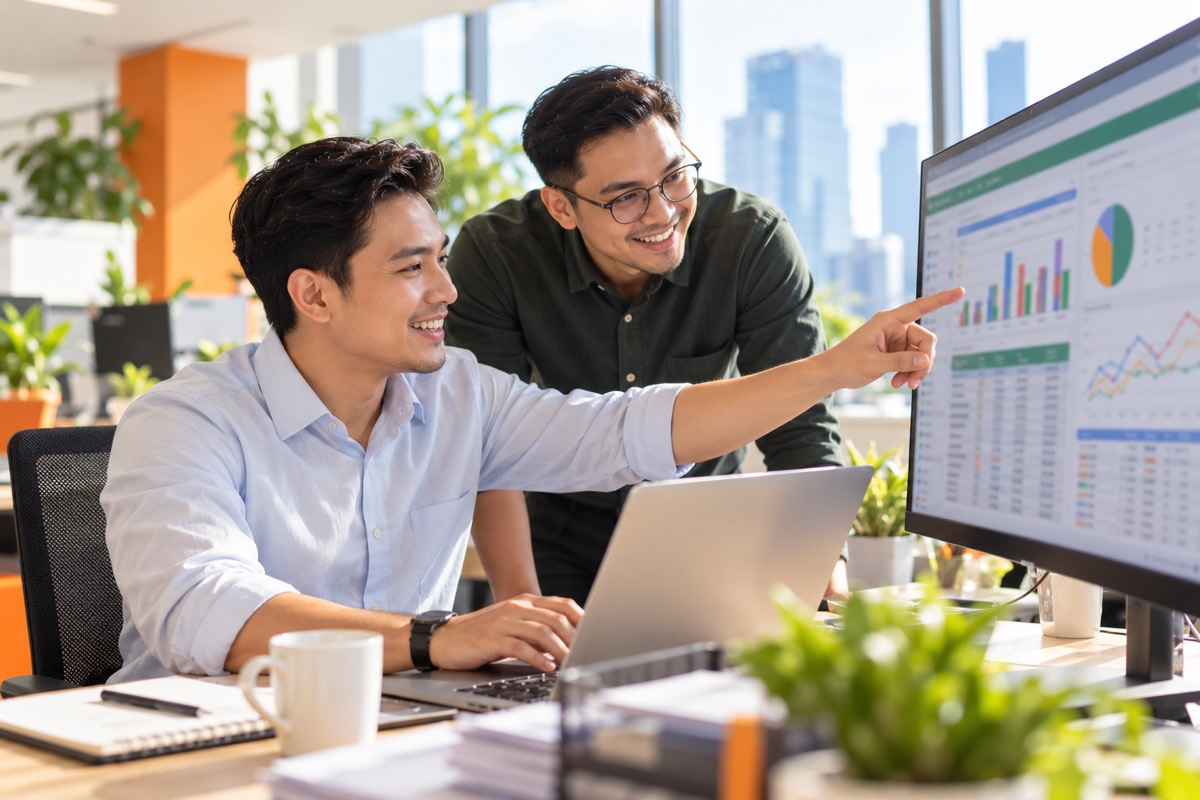 Analyst presenting an Excel dashboard to a colleague