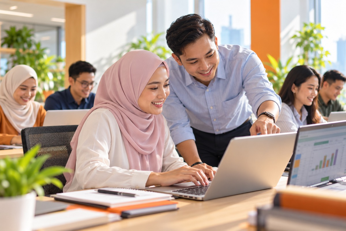 Learner getting help with a spreadsheet in a computer training room