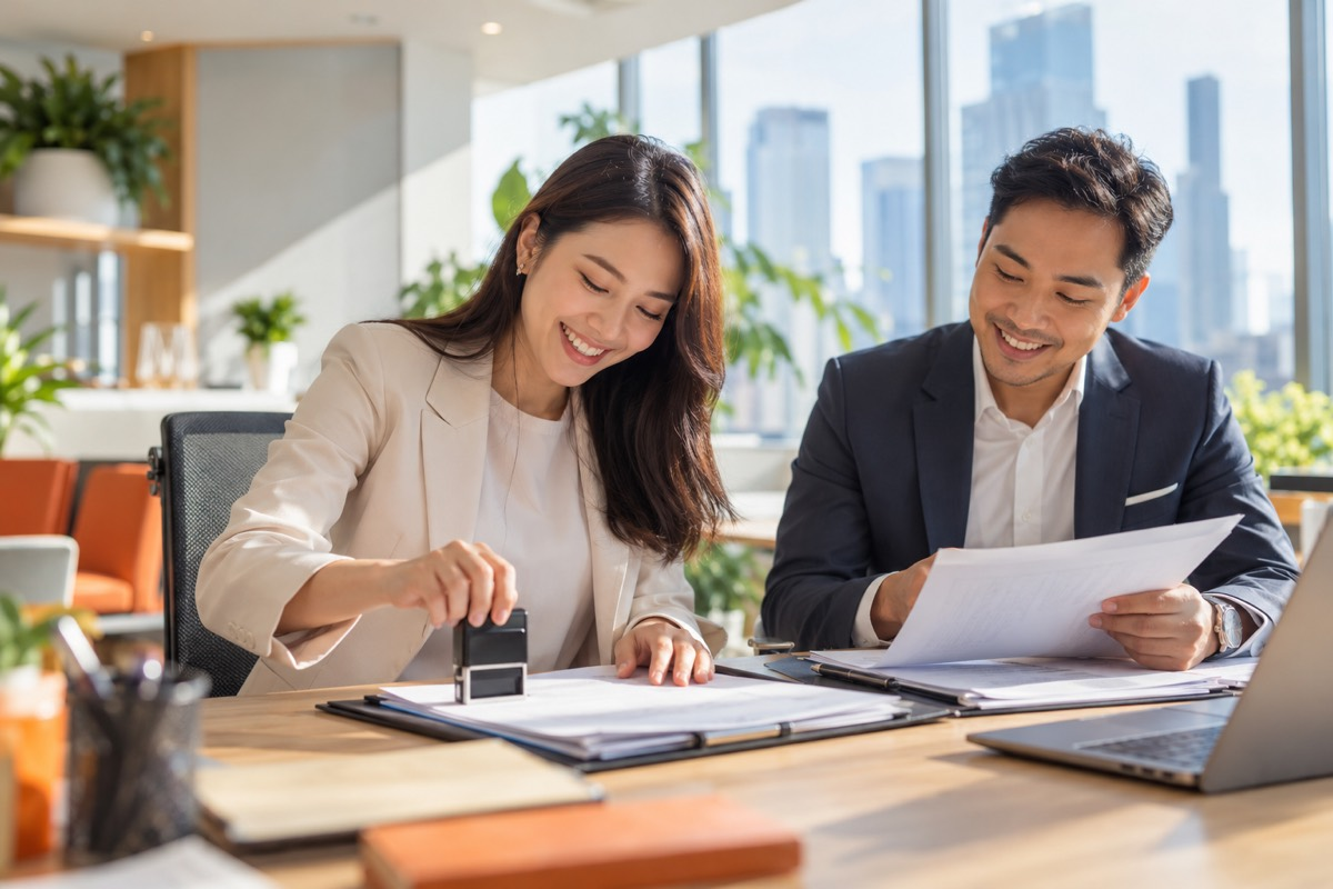 Finance executive stamping a signed agreement in a bright office